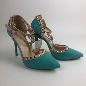 Teal Cream Studded T Strap High Heel Shoes